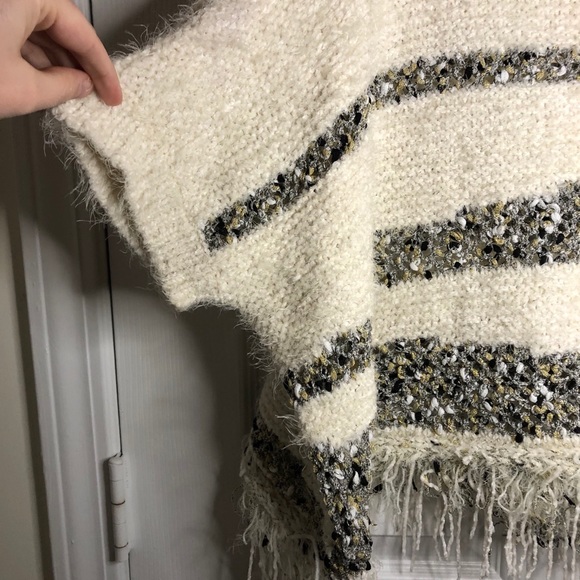 Anthropologie MOTH Knit Chunky Striped Fringe Crewneck Sweater Poncho Medium - Picture 3 of 7